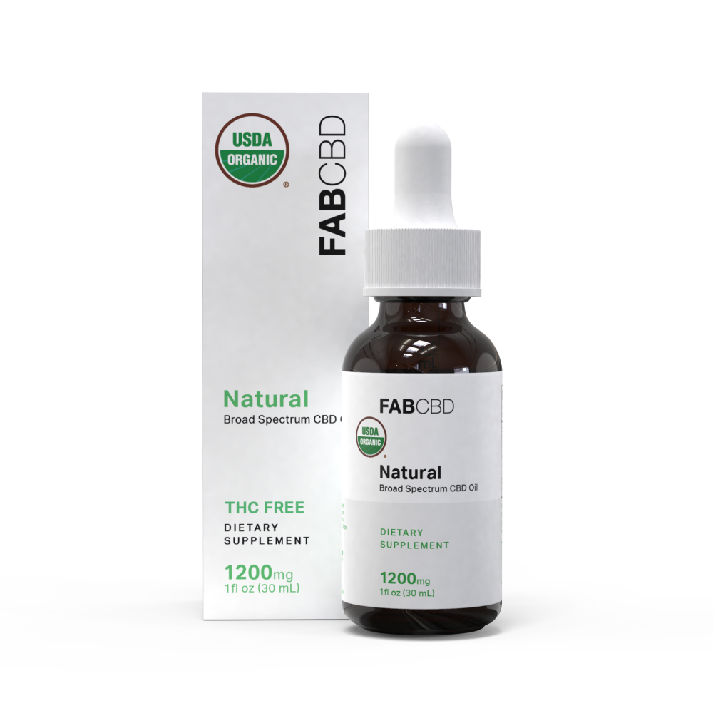FAB CBD 'Natural' Broad Spectrum CBD Oil, showing a white box with a green USDA Organic seal next to an amber glass dropper bottle with a white cap and matching white label, both displaying 'THC Free, Dietary Supplement, 1200mg, 1 fl oz (30 mL),' on a white background.