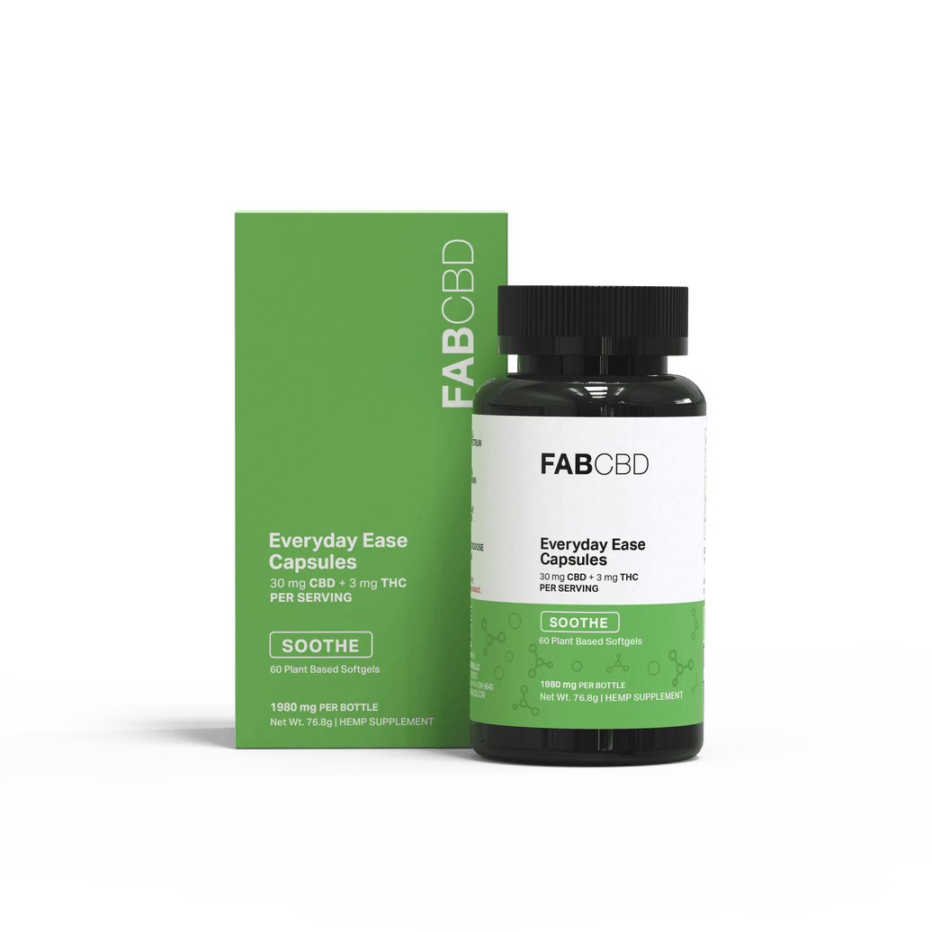 FAB CBD 'Everyday Ease' Soothe softgel capsules, showing a green box next to a black bottle with a black cap and white label, both displaying '30 mg CBD + 3 mg THC Per Serving, 60 Plant Based Softgels, 1980 mg Per Bottle, Net Wt. 76.8g | Hemp Supplement,' on a plain white background.