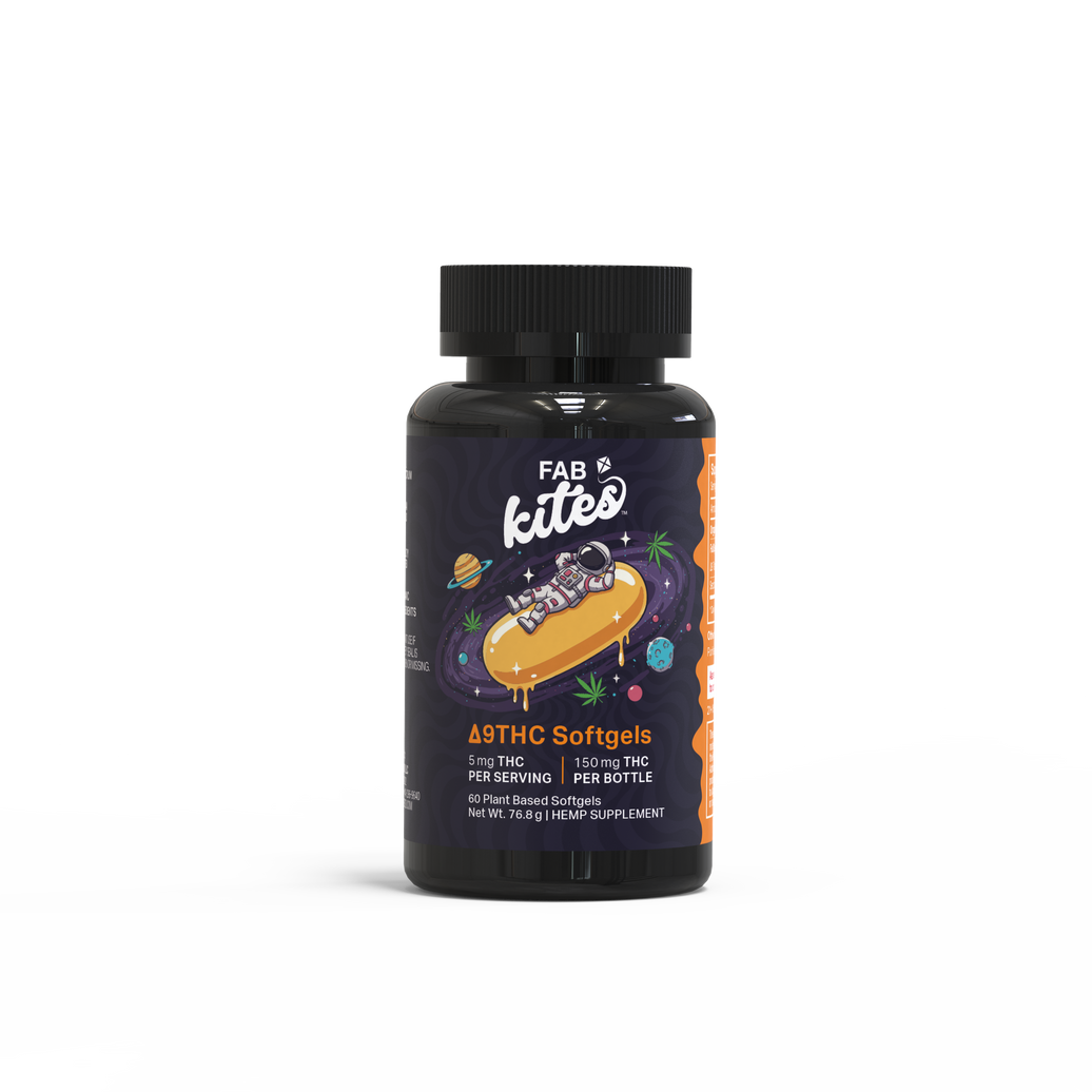 Black bottle of FAB Kites Δ9THC Softgels with a black cap and dark purple cosmic-themed label, illustrated with a cartoon astronaut floating on a glazed donut among stars, planets, and hemp leaves, with an orange accent stripe on the side. Label text reads '5 mg THC Per Serving, 150 mg THC Per Bottle, 60 Plant Based Softgels, Net Wt. 76.8 g | Hemp Supplement,' shown against a plain white background.