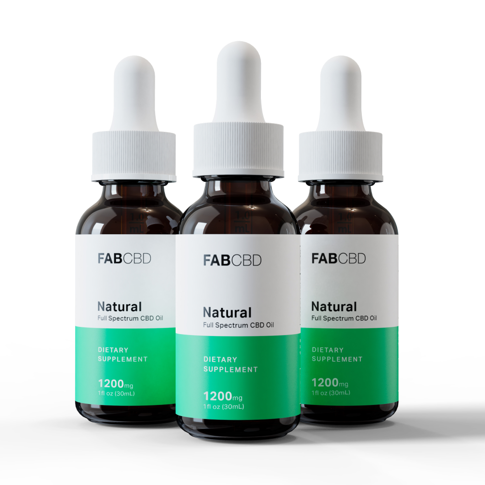 Three amber glass dropper bottles of FAB CBD 'Natural' Full Spectrum CBD Oil with white caps and white-and-green labels reading 'Dietary Supplement, 1200mg, 1 fl oz (30 mL),' arranged side by side on a white background.