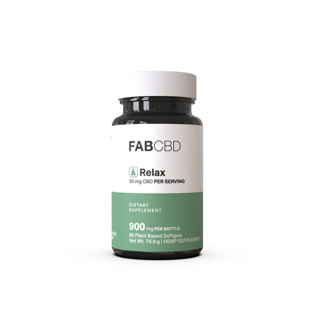 Black bottle of FAB CBD Relax dietary supplement softgels with a white cap, featuring a sage green label that reads '30 mg CBD Per Serving,' '900 mg Per Bottle,' '60 Plant Based Softgels,' and 'Net Wt. 76.8 g | Hemp Supplement,' shown against a plain white background.