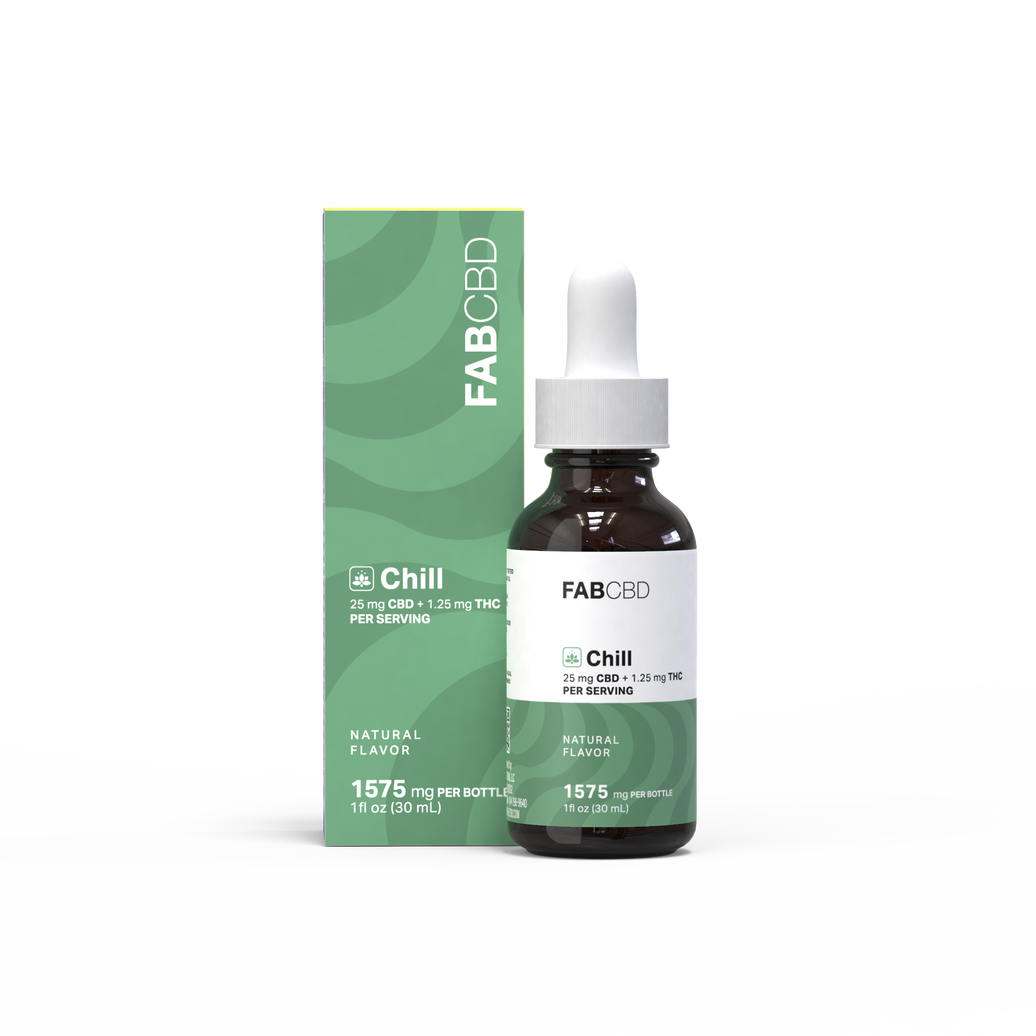 FAB CBD 'Chill' oil, showing a sage green swirl-patterned box next to an amber glass dropper bottle with a white cap and matching green label, both displaying '25 mg CBD + 1.25 mg THC Per Serving, Natural Flavor, 1575 mg Per Bottle, 1 fl oz (30 mL),' on a plain white background.