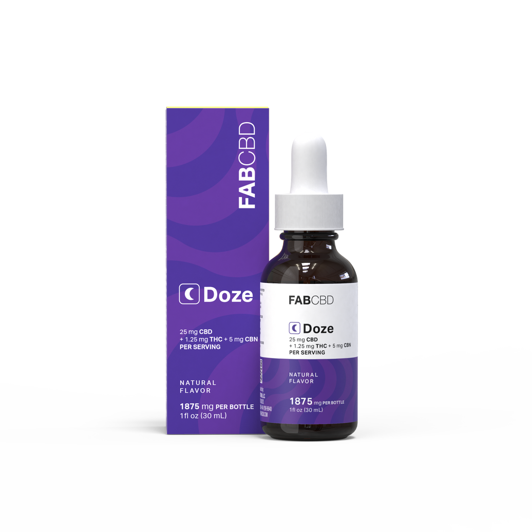 FAB CBD 'Doze' oil, showing a purple swirl-patterned box with a crescent moon icon next to an amber glass dropper bottle with a white cap and white label, both displaying '25 mg CBD + 1.25 mg THC + 5 mg CBN Per Serving, Natural Flavor, 1875 mg Per Bottle, 1 fl oz (30 mL),' on a plain white background.