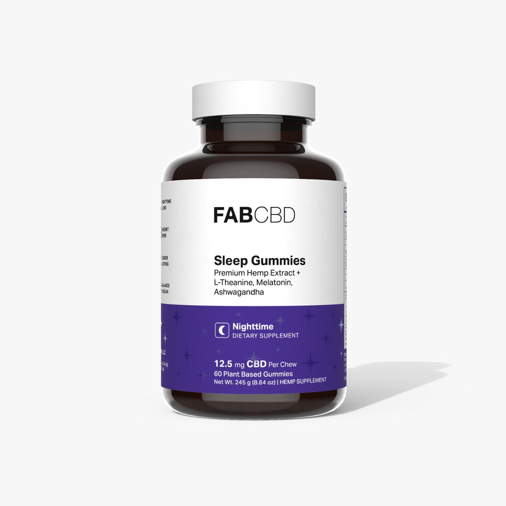 An amber bottle of FAB CBD Sleep Gummies with a white and purple label against a white background. The label lists ingredients "Premium Hemp Extract + L-Theanine, Melatonin, Ashwagandha" and specifications "12.5 mg CBD Per Chew", "60 Plant Based Gummies", and "Net Wt. 245 g (8.64 oz)".