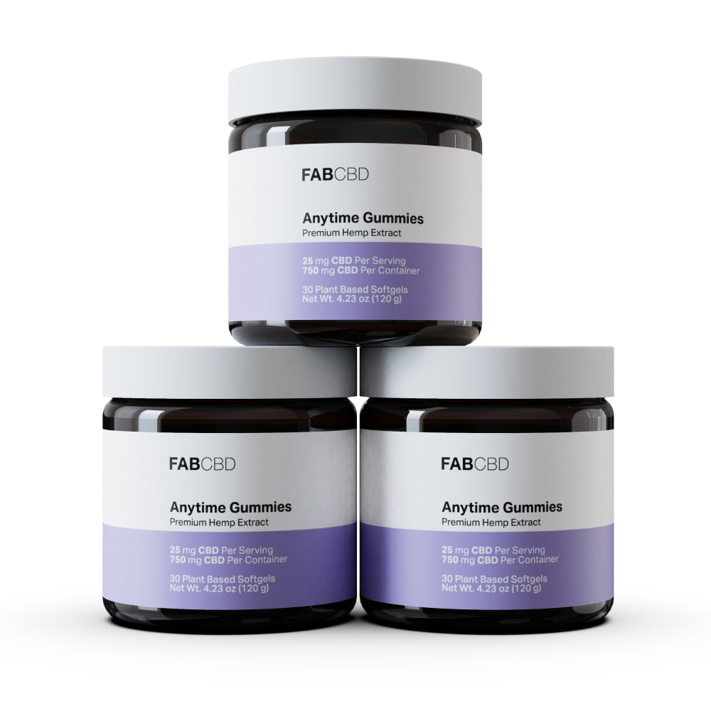 Three amber glass jars of FAB CBD Anytime Gummies with white lids and lavender labels reading 'Premium Hemp Extract, 25 mg CBD Per Serving, 750 mg CBD Per Container, 30 Plant Based Softgels, Net Wt. 4.23 oz (120 g),' stacked in a pyramid arrangement on a white background.