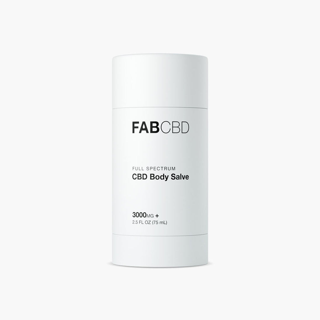 An all-white, cylindrical stick container of FAB CBD Full Spectrum CBD Body Salve against a white background. The clean black text on the label reads 3000mg+ and 2.5 FL OZ (75 mL).